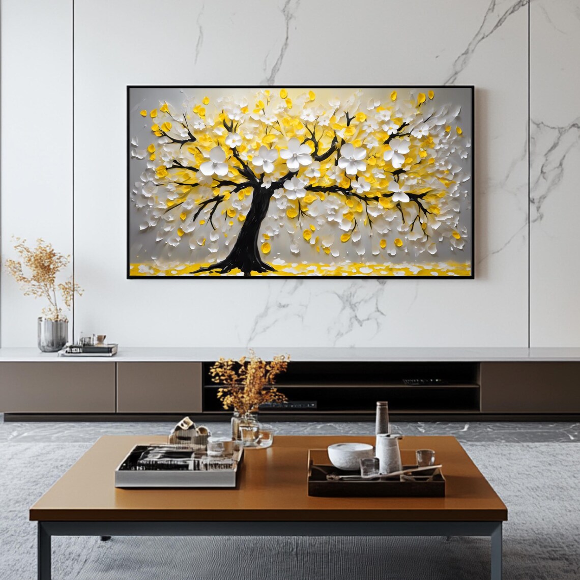 Golden Blossoming Tree White Yellow Flowers Impasto Painting Poster - Image 2
