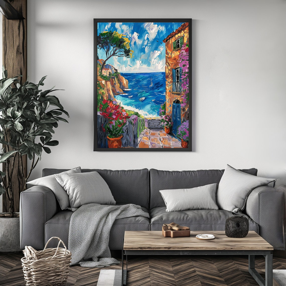 Coastal Terrace Stone Path Sailboats Blue Sea Flowers Italy Art Poster - Image 4