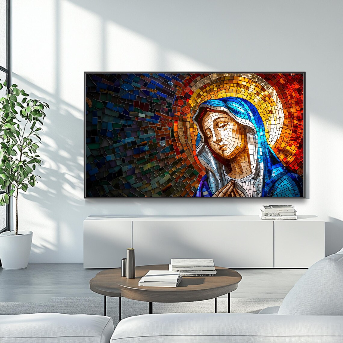 Blessed Virgin Mary Stained Glass Mosaic Golden Halo Christian Art Print Poster - Image 4