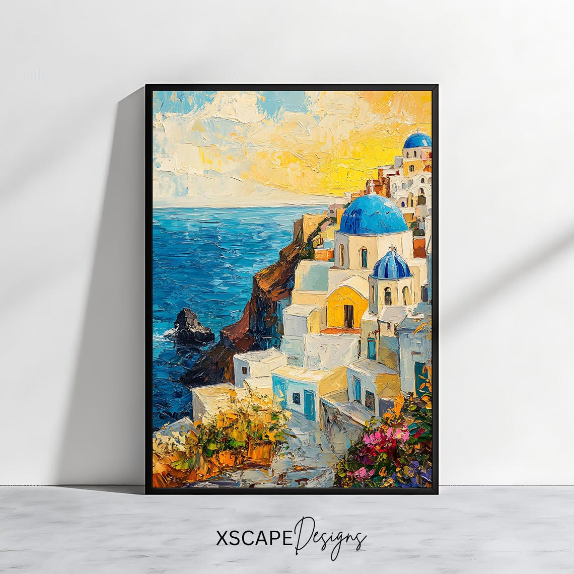Santorini Oia Blue Domes Sunset Caldera Sea Cliffside Travel Poster