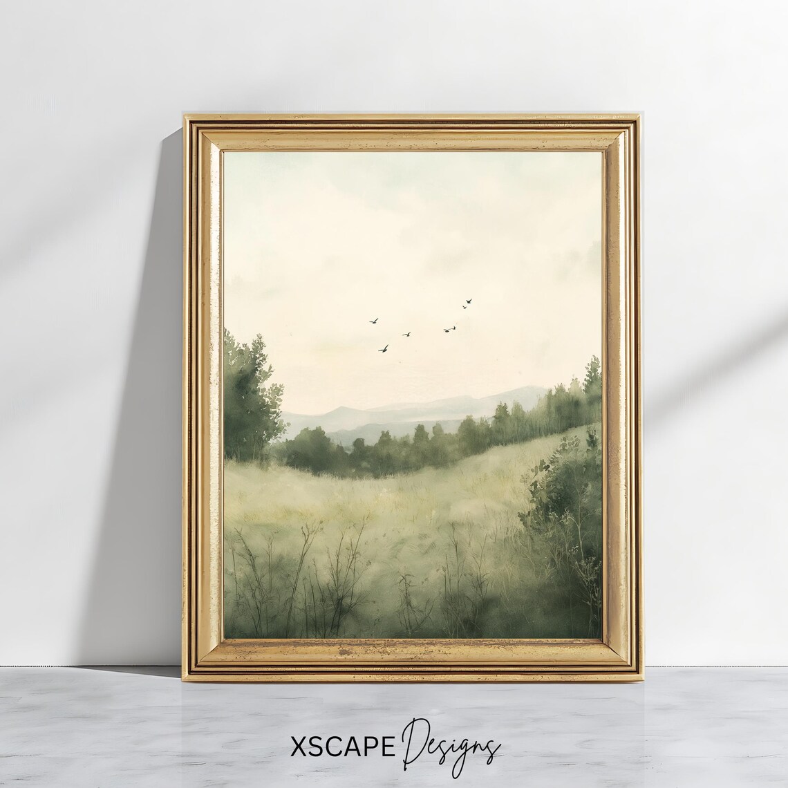 Serene Green Meadow Hills Soft Mist Birds Watercolor Nature Poster
