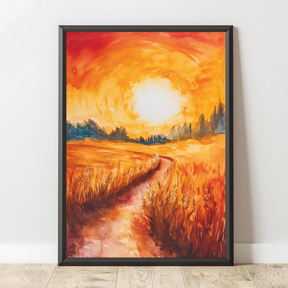 Golden Field Sunset Landscape, Nature Art Print - Image 2