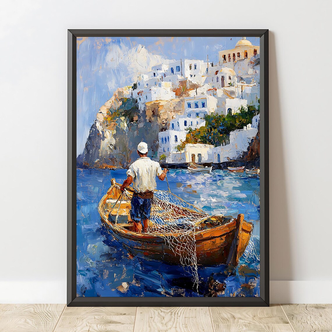 Greek Fisherman Hauling Nets In Wooden Boat Island Village View Poster - Image 2