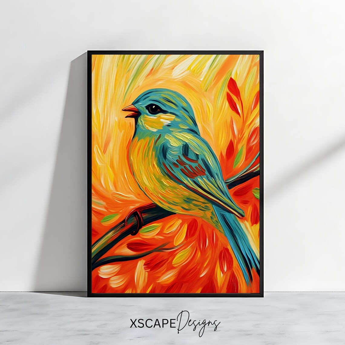 Colorful Blue And Yellow Songbird On Branch Nature Art Poster