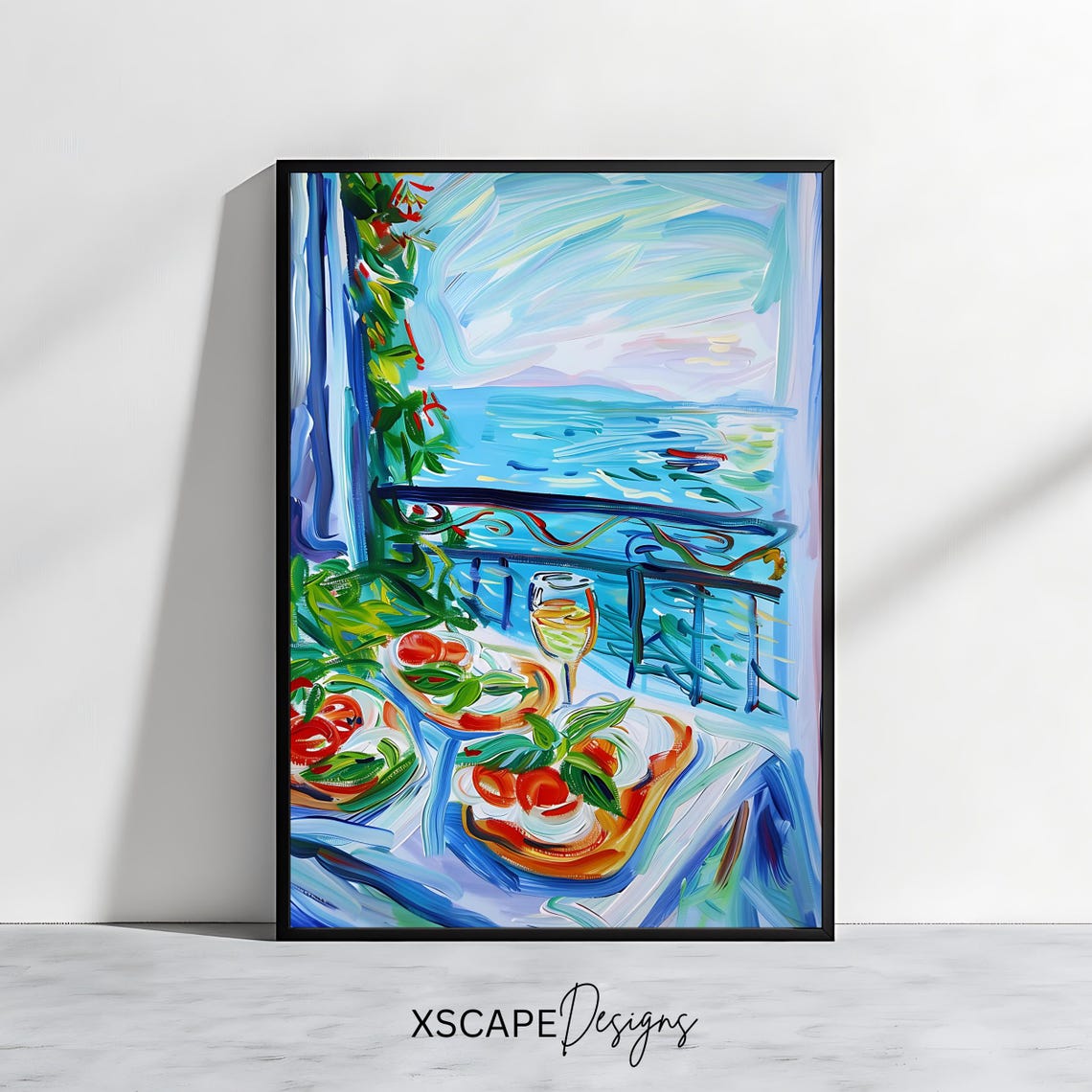 Seaside Balcony Dining Sea View Expressive Blue Coastal Art Poster