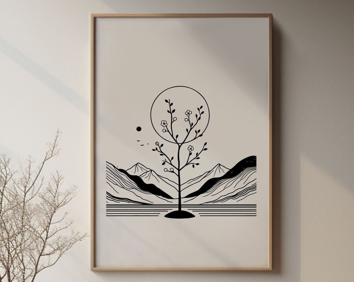 Black Line Art Cherry Tree Sun Moon Mountain Minimalist Poster