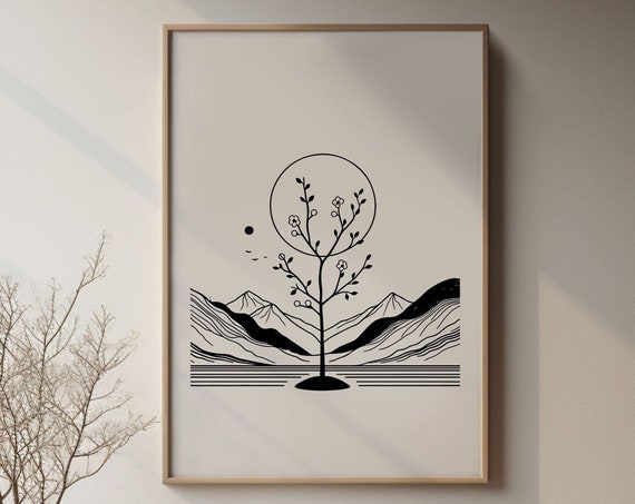 Minimalist Cherry Tree Print In Frame Natural Oak Lightwood Pine Thin Black Metal Options I Japanese Landscape Wall Art In Black White