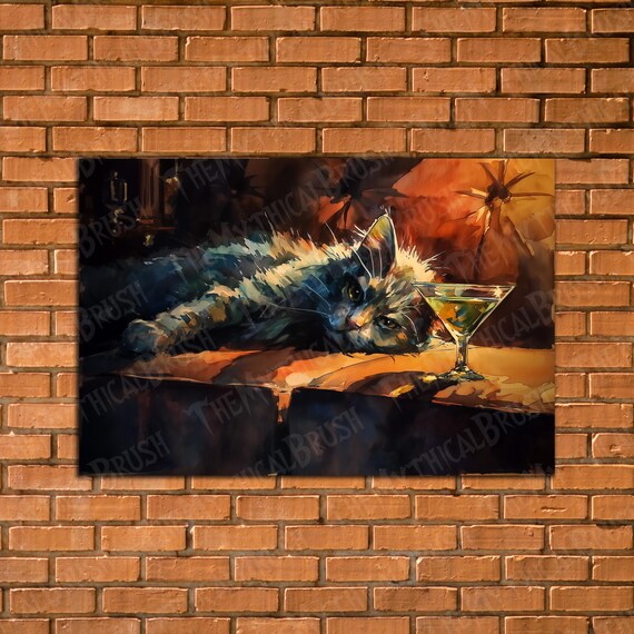 Sleepy Watercolor Cat With Martini Glass Moody Bar Scene Poster