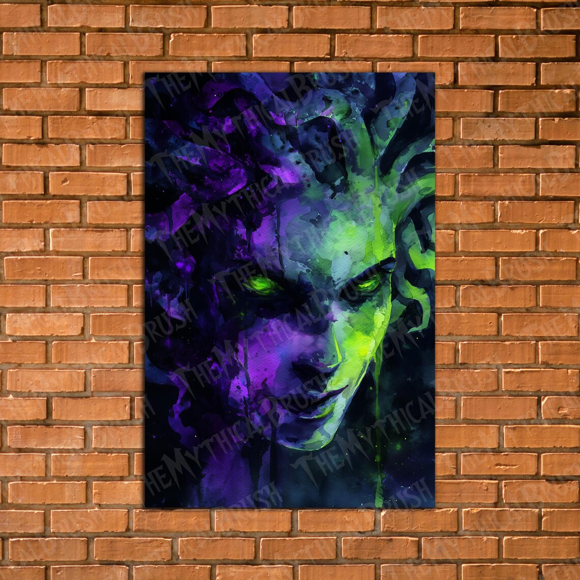 Medusa Gorgon Dark Purple Green Watercolor Fantasy Art Poster
