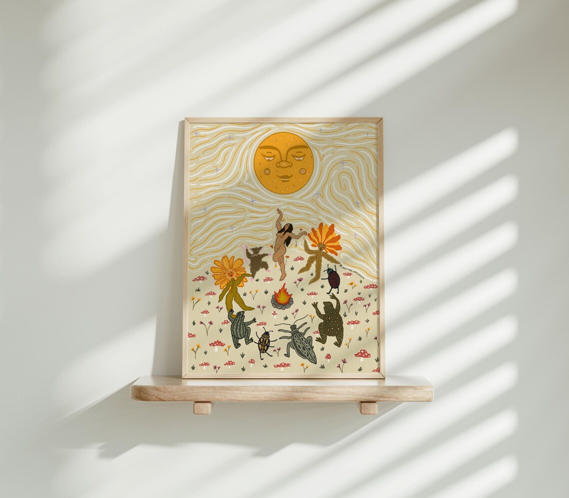 Ideal World Dancing Woman Sun Bugs Whimsical Folk Art Poster