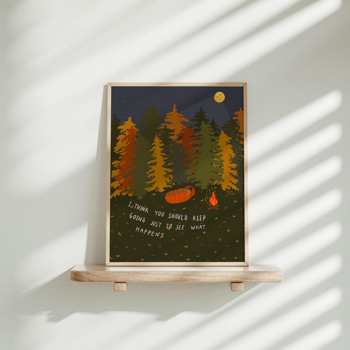Keep Going Camping Quote Poster Cozy Forest Campfire Night Art