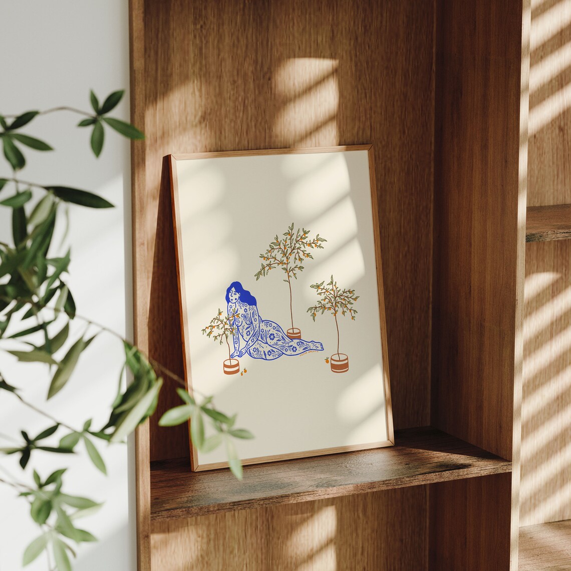 Tangerine Tree Botanical Blue Line Art Woman Illustration Poster - Image 2