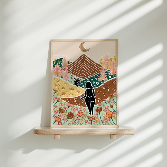 Wanderlust Heart Balloon Nude Woman Mountain Wildflower Art Poster