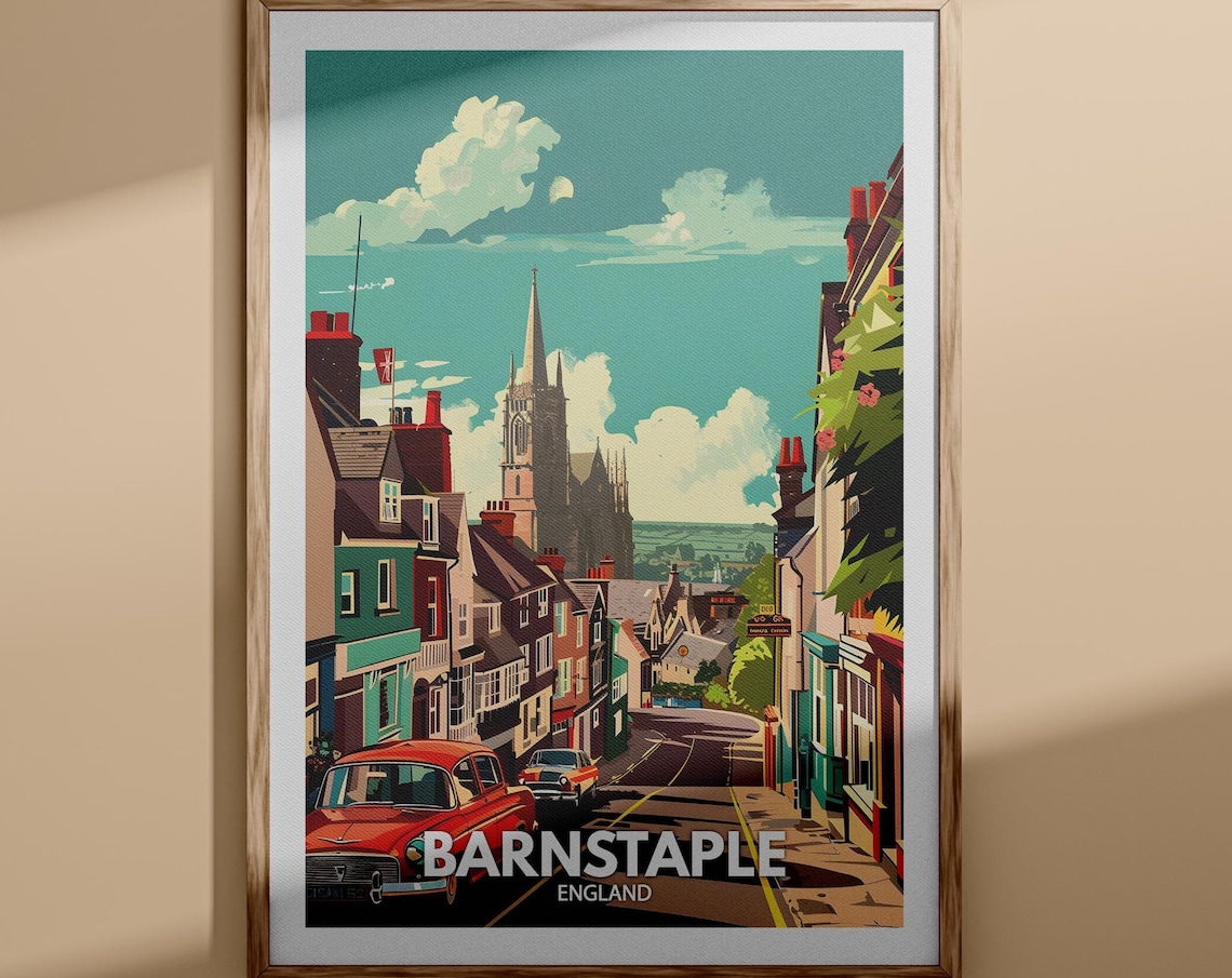 Barnstaple England Historic Street Church Classic Cars Poster