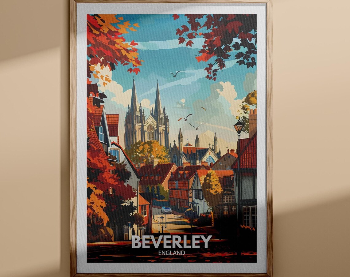 Beverley England Autumn Cathedral Spires Street Travel Poster