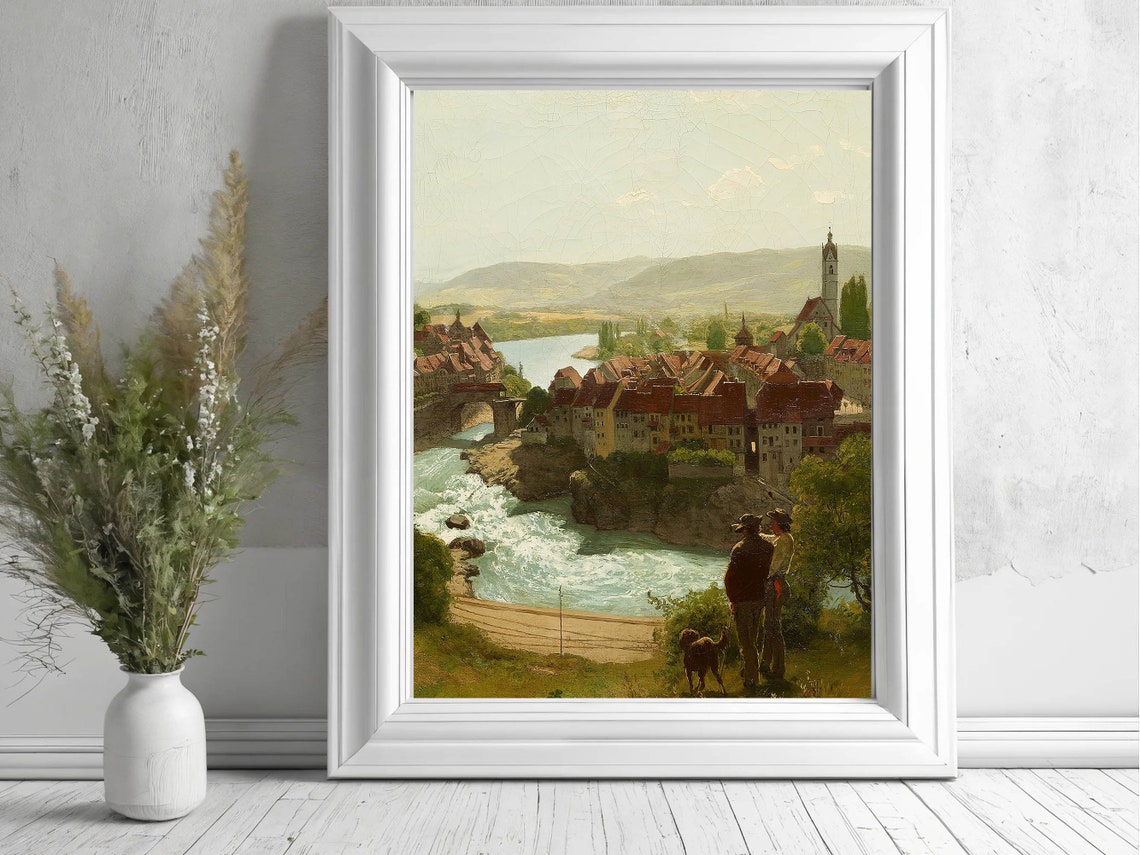 European Riverside Town Red Roofs Two Men Dog Overlook Vintage Poster - Image 6
