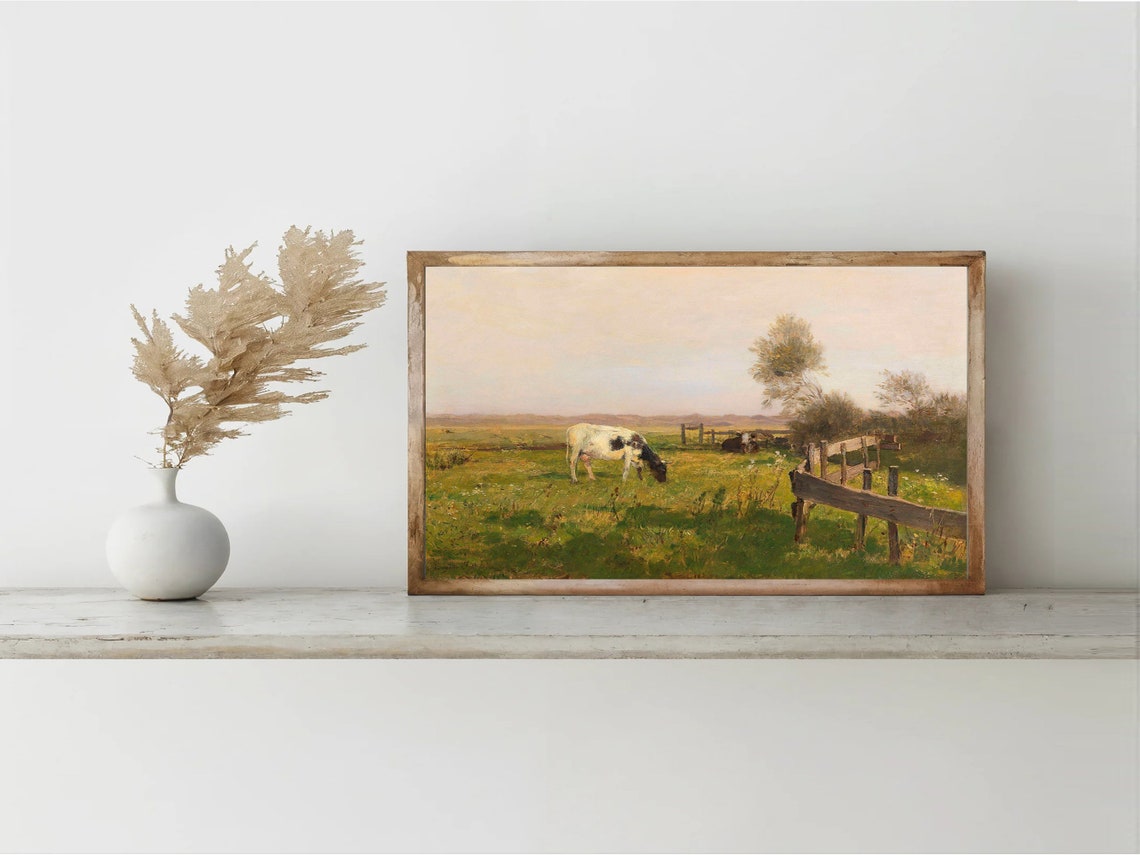 Vintage Cow Grazing Pasture Farm Animal Muted Rustic Painting Poster - Image 6