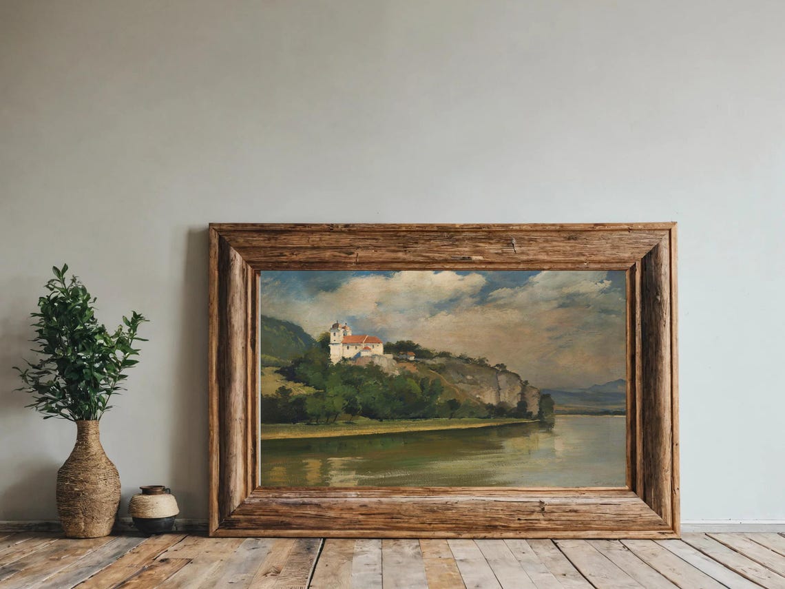 Riverside Castle White Chapel Forested Hill European Landscape Poster - Image 2