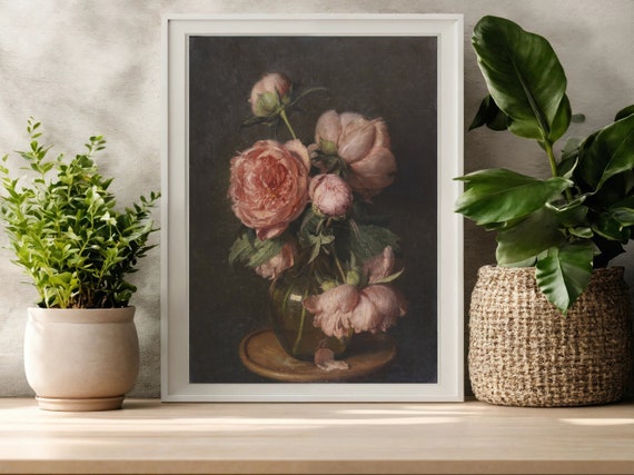 Moody Pink Peonies Painting Dark Moody Flower Print Dark Floral Print Farmhouse Decor Wall Art Art Gift Art Gift