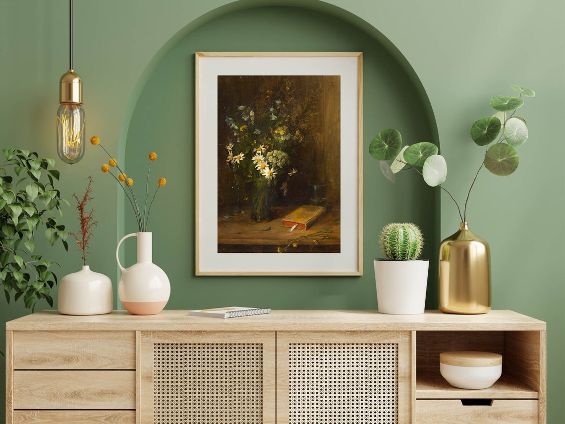 Vintage Wildflower Still Life Moody Daisies and Book Classic Print - Image 4