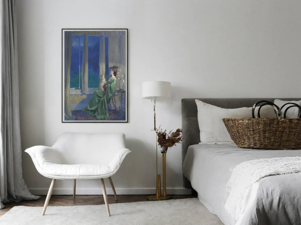 Classic Victorian Blue Evening Woman with Dog by Window Print - Image 2