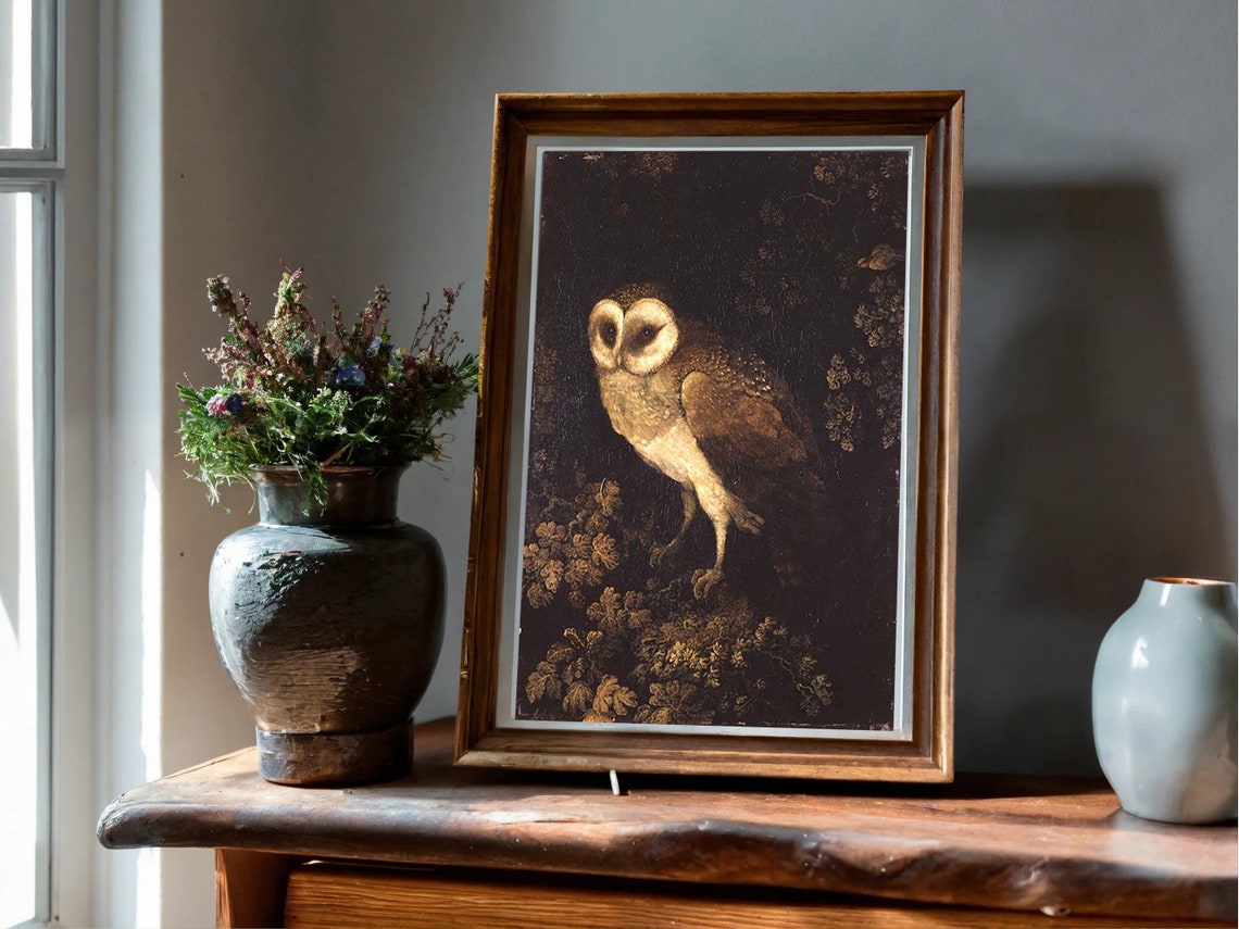Antique Barn Owl Painting Dark Dramatic Nocturnal Bird Poster - Image 7