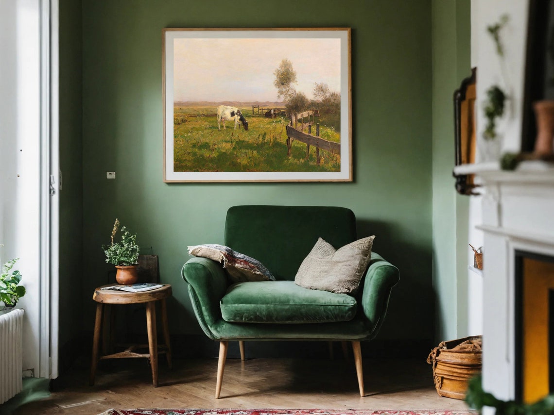 Vintage Cow Grazing Pasture Farm Animal Muted Rustic Painting Poster - Image 5