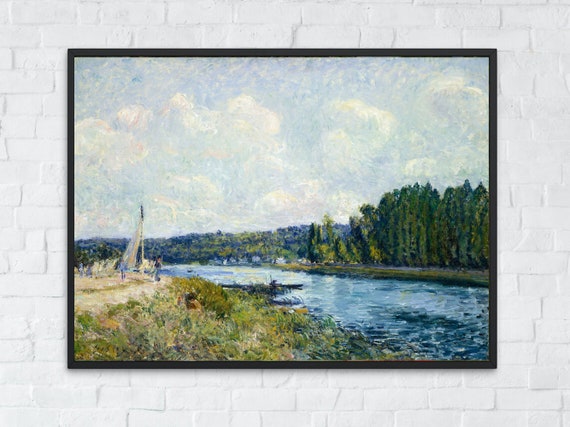 Wall Art The Banks Of The River Vintage Landscape Painting Rustic Country Art Print River Art Print Cloudy Sky Print