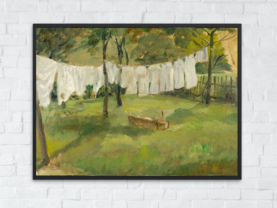 Sunlit Garden Laundry Lines Impressionist Orchard Scene Poster