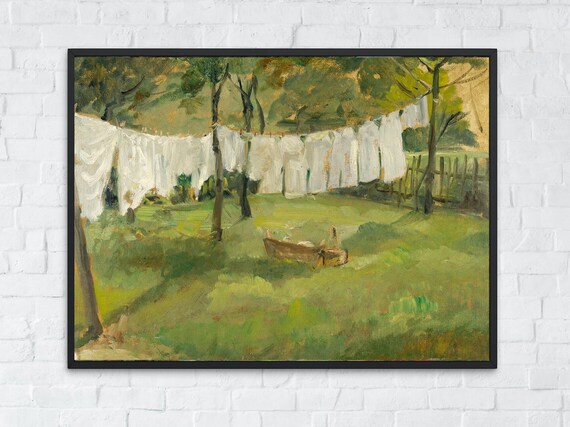 Sunlit Garden Laundry Lines Impressionist Orchard Scene Poster