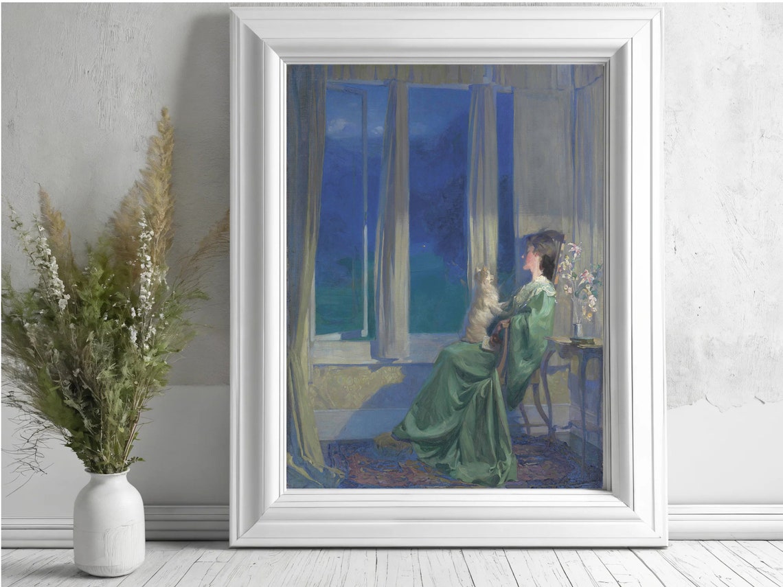Classic Victorian Blue Evening Woman with Dog by Window Print - Image 8