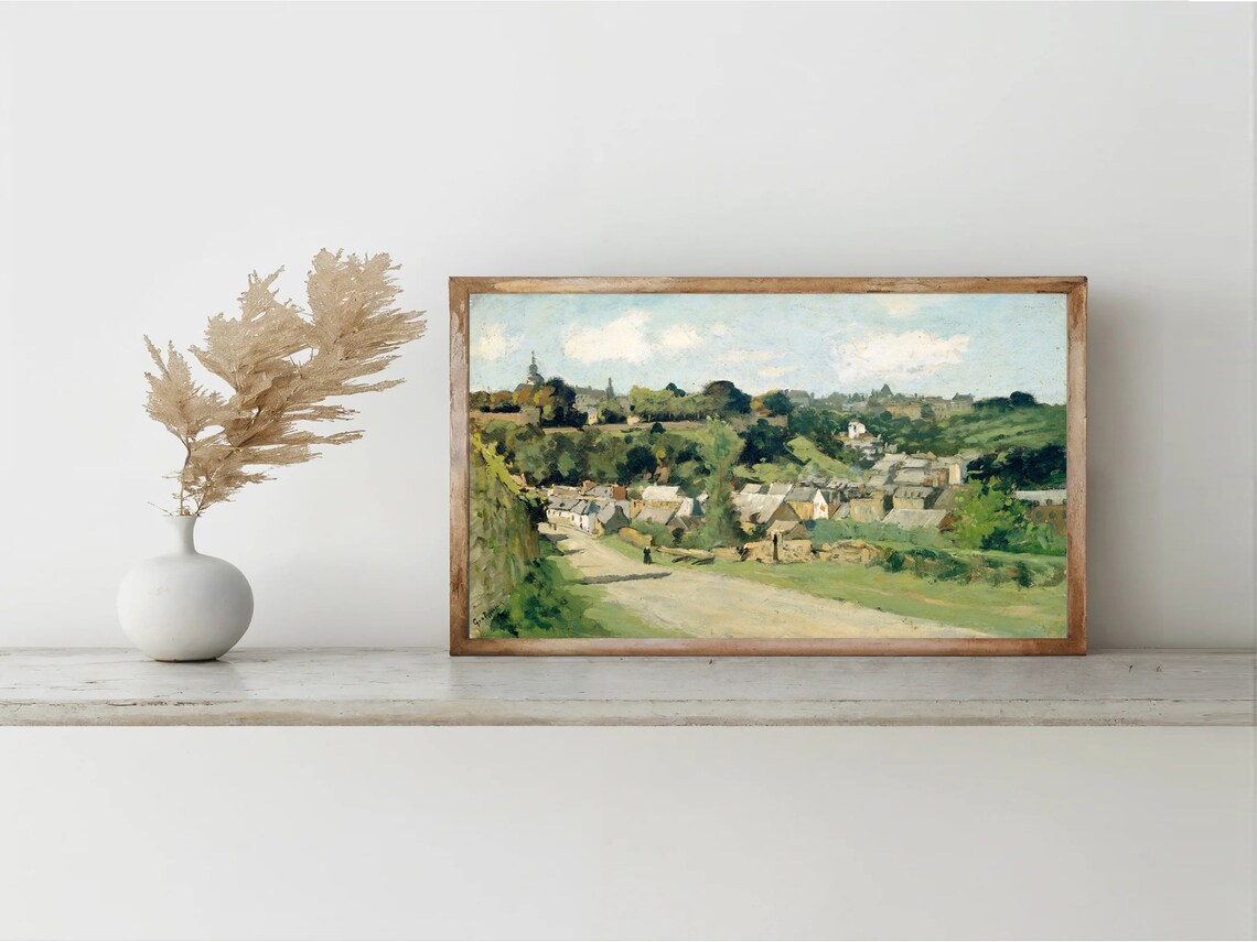 Countryside Painting Vintage European Village Print Dutch Landscape Countryside Painting Muted Green Art Instant - Image 3