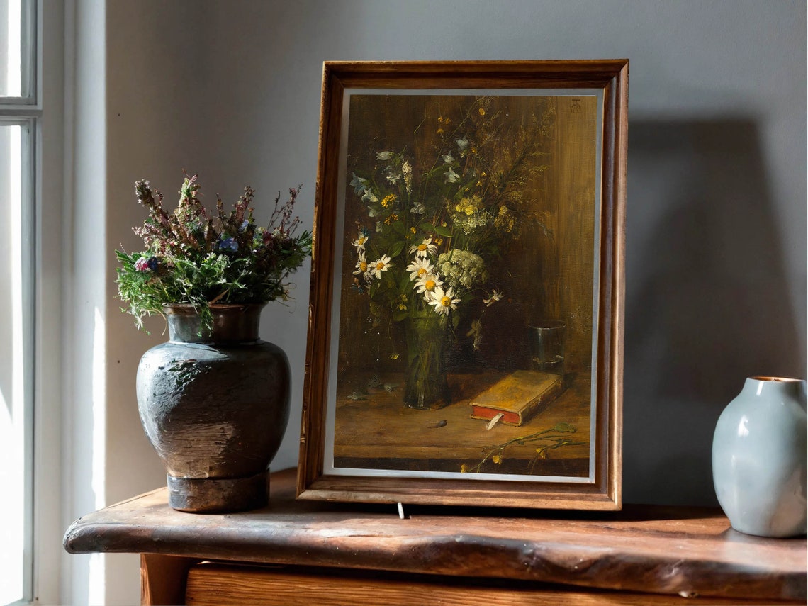 Vintage Wildflower Still Life Moody Daisies and Book Classic Print - Image 7