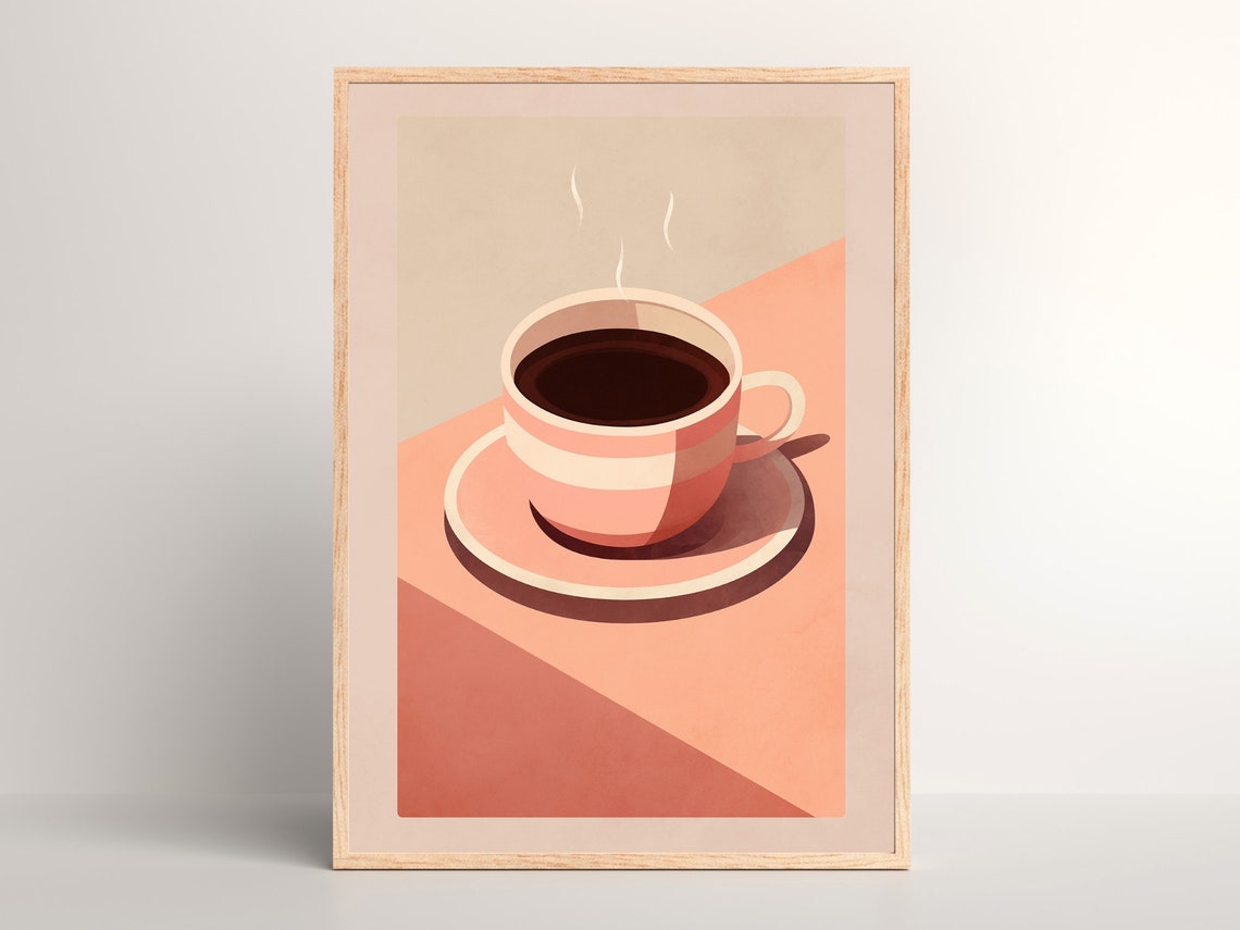 Minimalist Pink Coffee Cup Illustration Retro Kitchen Decor Poster