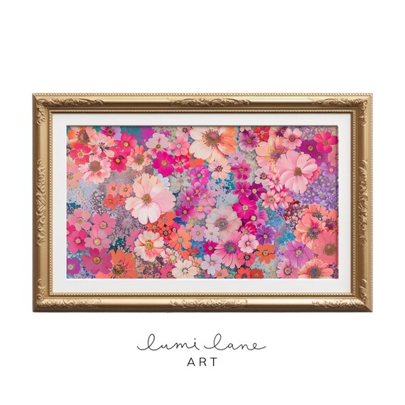Bright Blooms Art Colourful Florals Collage Cluster Instant Wall Textured Painting Square Frame Tv Bold Beautiful