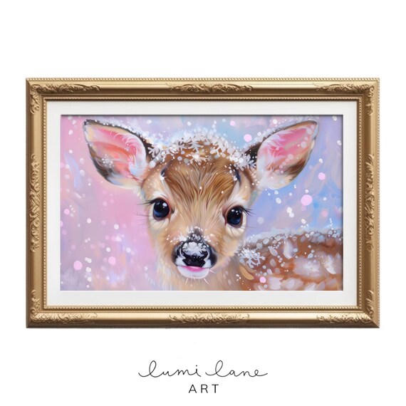 Cute Baby Deer Fawn In Snowfall Pastel Pink Nursery Holiday Wall Poster