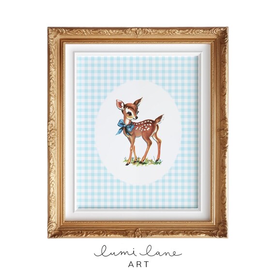 Sweet Baby Deer Fawn with Blue Bow Gingham Nursery Animal Poster