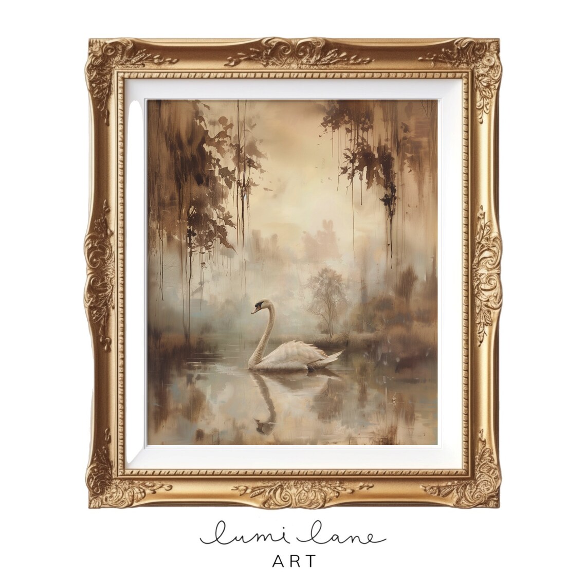 White Swan Misty Lake Weeping Willows Vintage Style Painting Poster