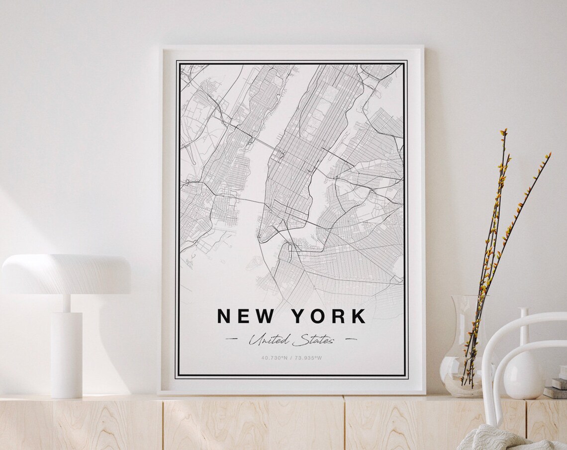 New York City Map Minimalist Black And White Modern Art Print