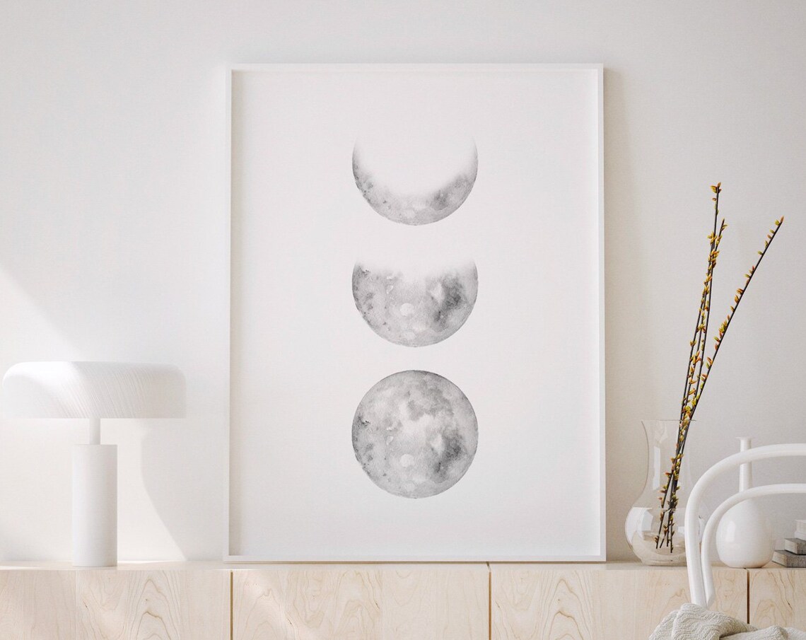 Moon Phases Watercolor Gray Lunar Cycle Minimalist Art Poster