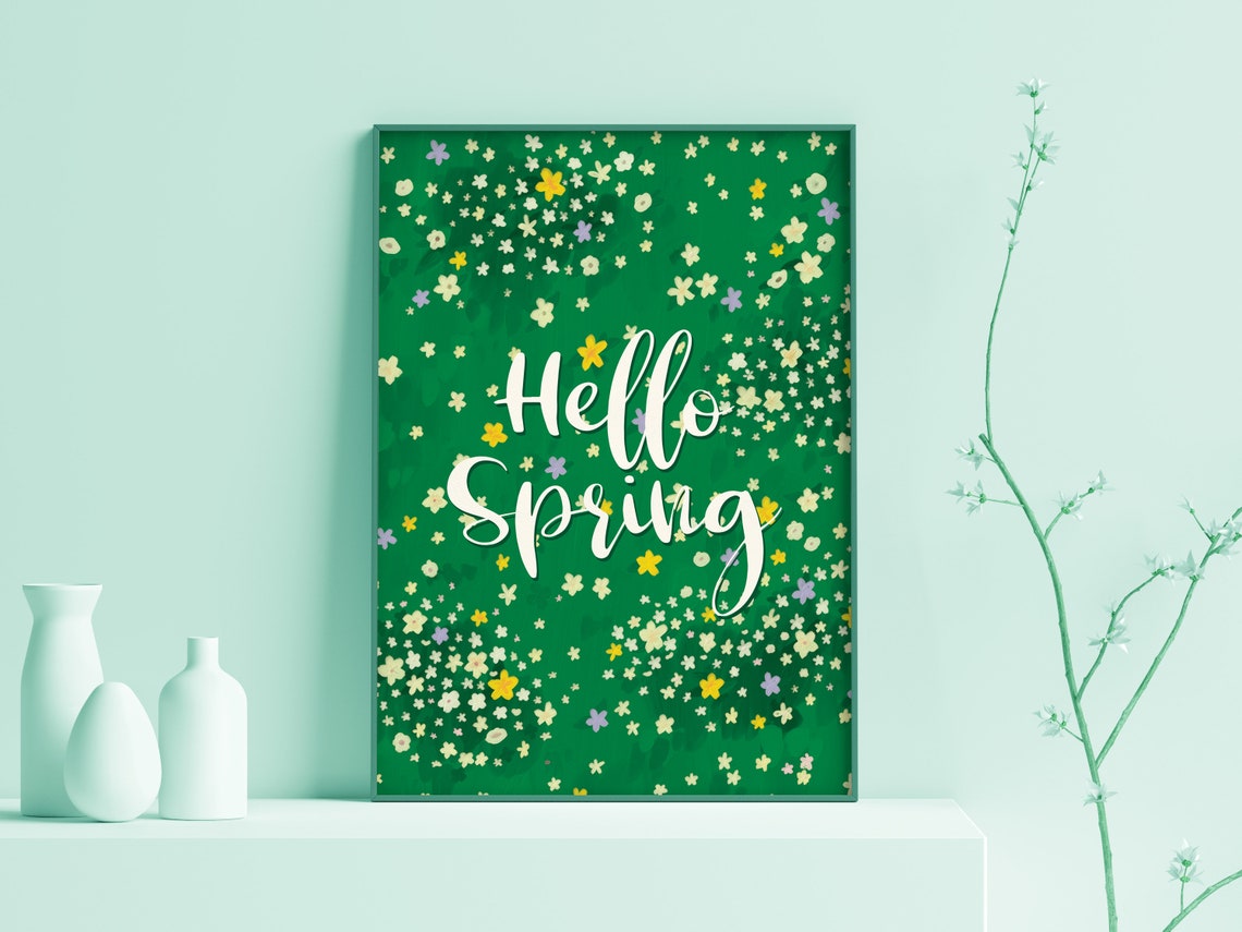 Hello Spring White Script Green Wildflower Scatter Seasonal Wall Art - Image 2