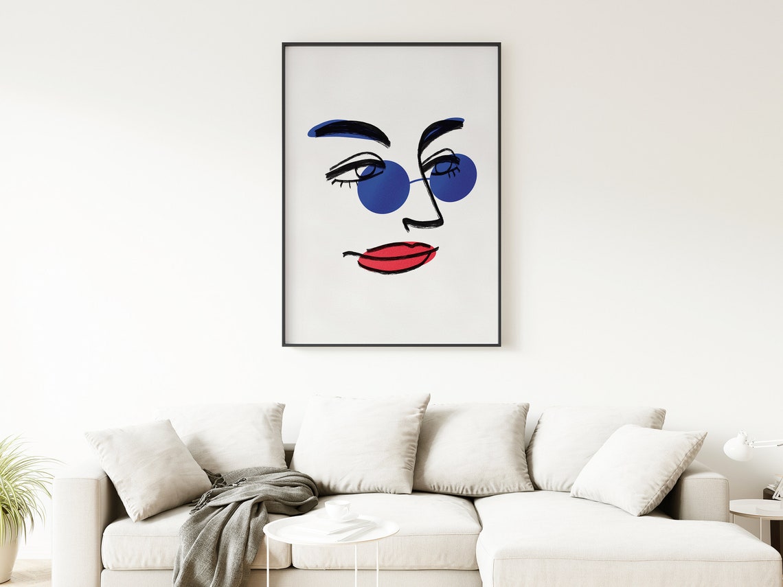 Minimalist Face Line Art Blue Sunglasses Red Lips Modern Wall Art - Image 2