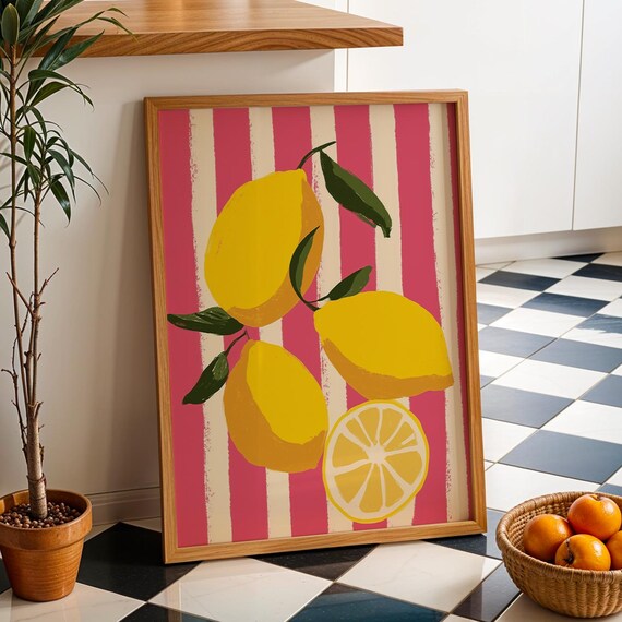 Bold Juicy Lemons On Pink Stripes Retro Style Kitchen Art Print