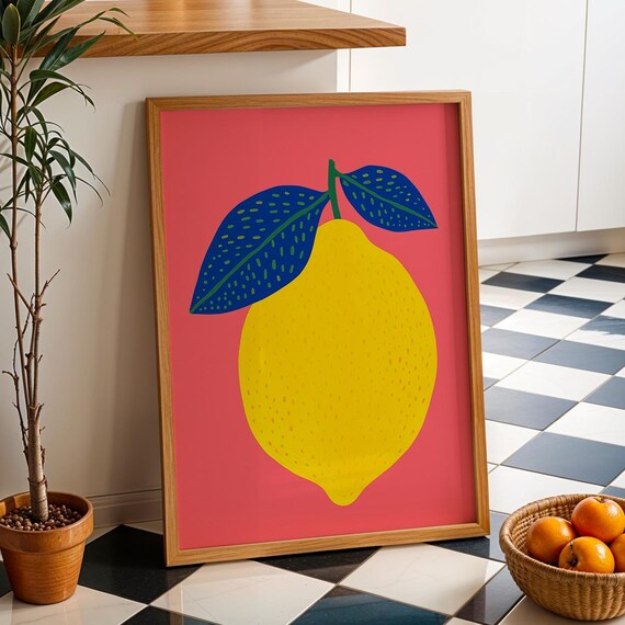 Giant Yellow Lemon Blue Dotted Leaves Hot Pink Kitchen Art Print