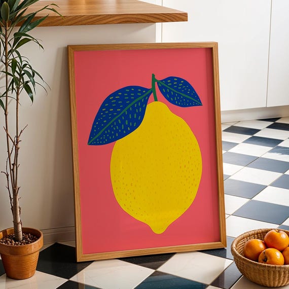 Lemon Art Print Pink Kitchen Decor