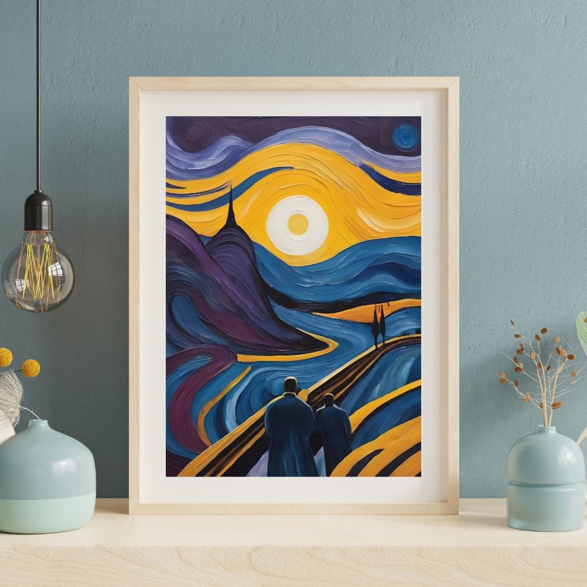Starry Night Inspired Couple Beneath a Giant Moon Art Poster