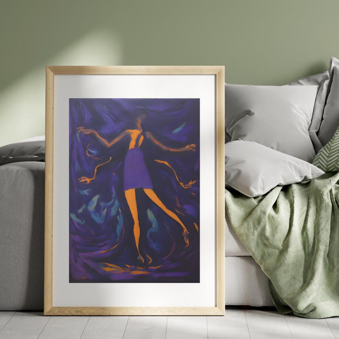 Elegant Dancer in Purple Dress Against Midnight Violet Art Poster