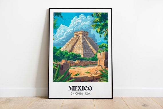Chichen Itza Travel Poster Mexico Wall Art Print Chichen Itza Painting Illustration Mexico Watercolor Home Decor