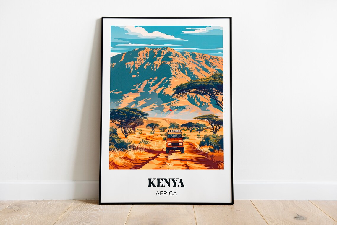 Kenya Retro Travel Poster, African Savannah Illustration