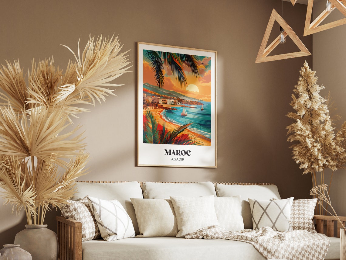 Agadir Morocco Sunset Beach Sailboats Palm Trees Travel Poster - Image 2